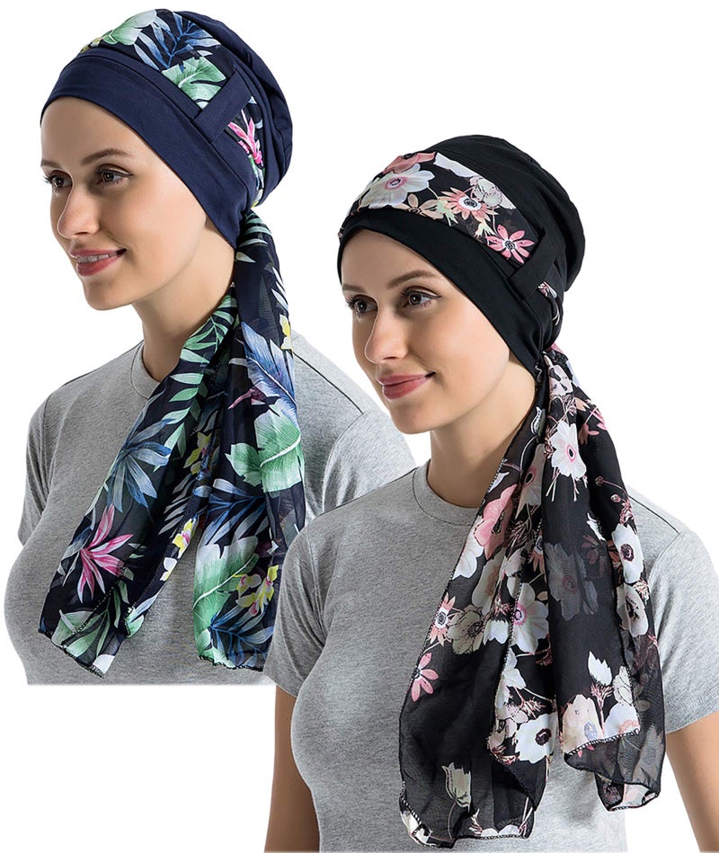 JarseHera Bamboo Cotton Liner Chemo Headwear for Womenwith Silky Scarfs for Cancer Hair Loss Sleep Caps Beanie (Black+Navy Blue,2 Pair, One Size Fit Most) - Image 1